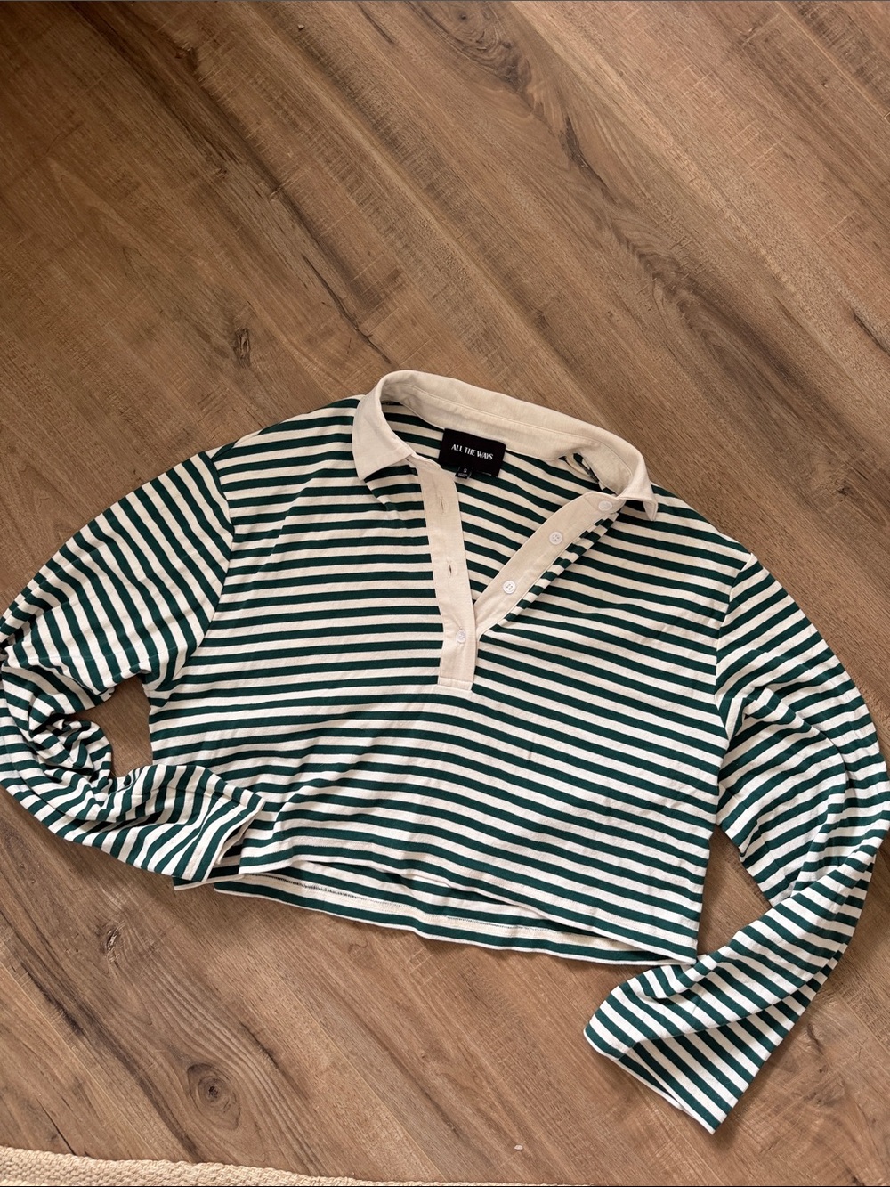 Striped Green & White Long-Sleeve Polo Tee
